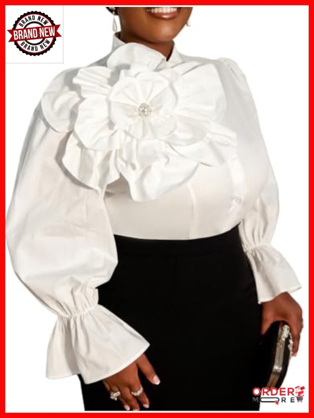 Plus Size Button Down Shirt 3D Flower Long Sleeve Cotton Blouse Office Business